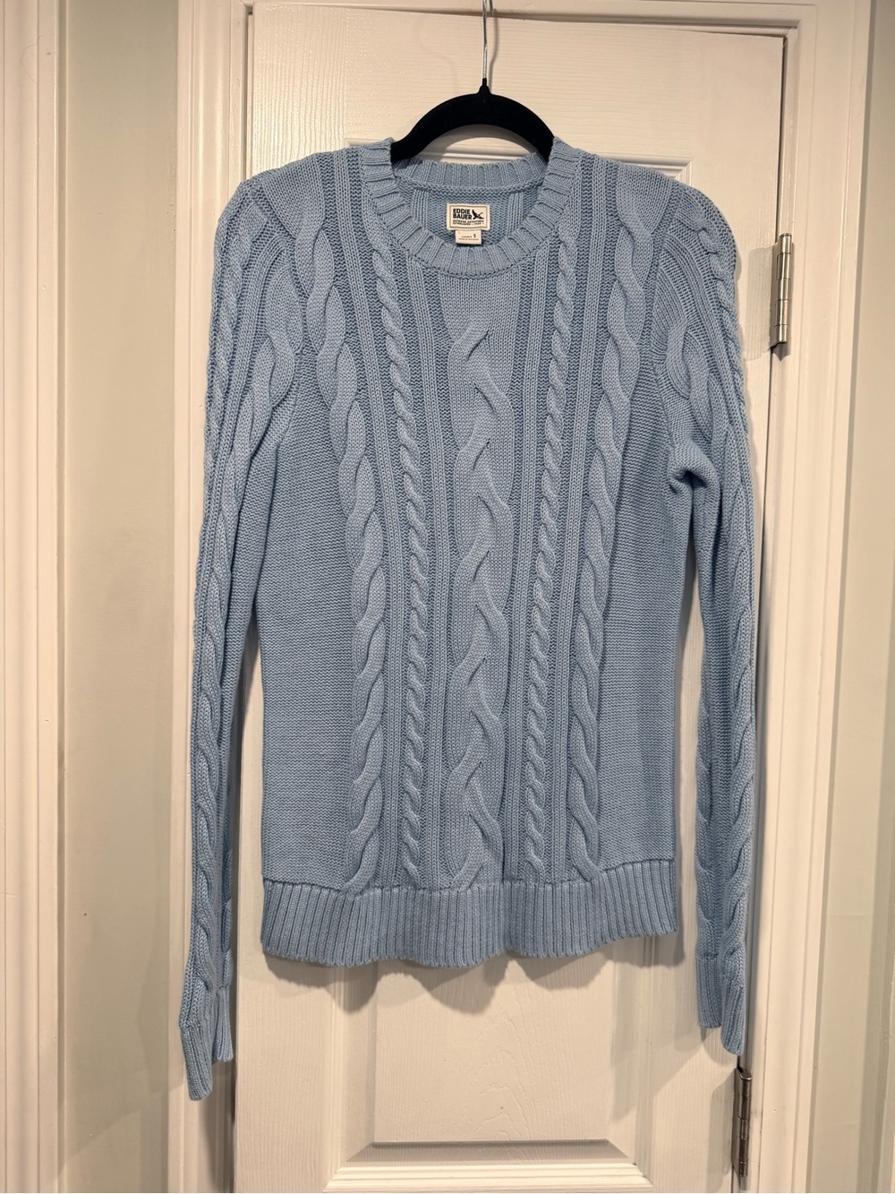 Eddie Bauer Size S Light Blue Cable Knit 100% Cotton Crewneck Sweater Fisherman